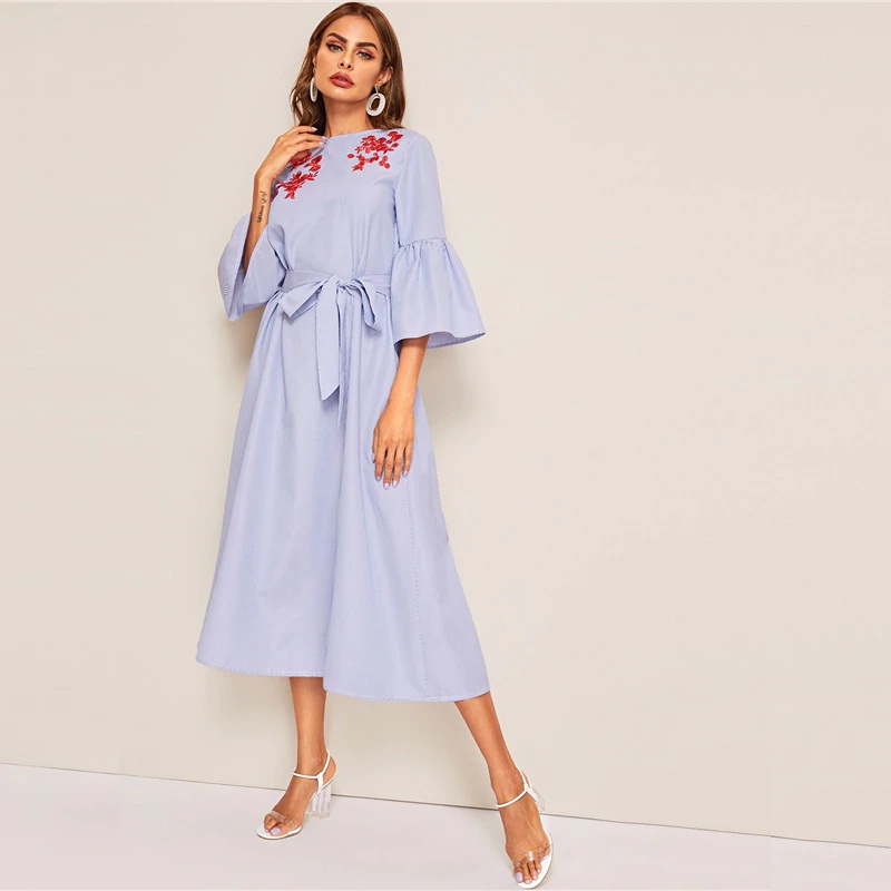 Embroidered Flounce Sleeve Belted Boho Striped Ruffle Dress - Power Day ...