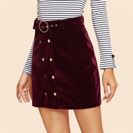 Maroon Double Button Belted Velvet Skirt - Power Day Sale