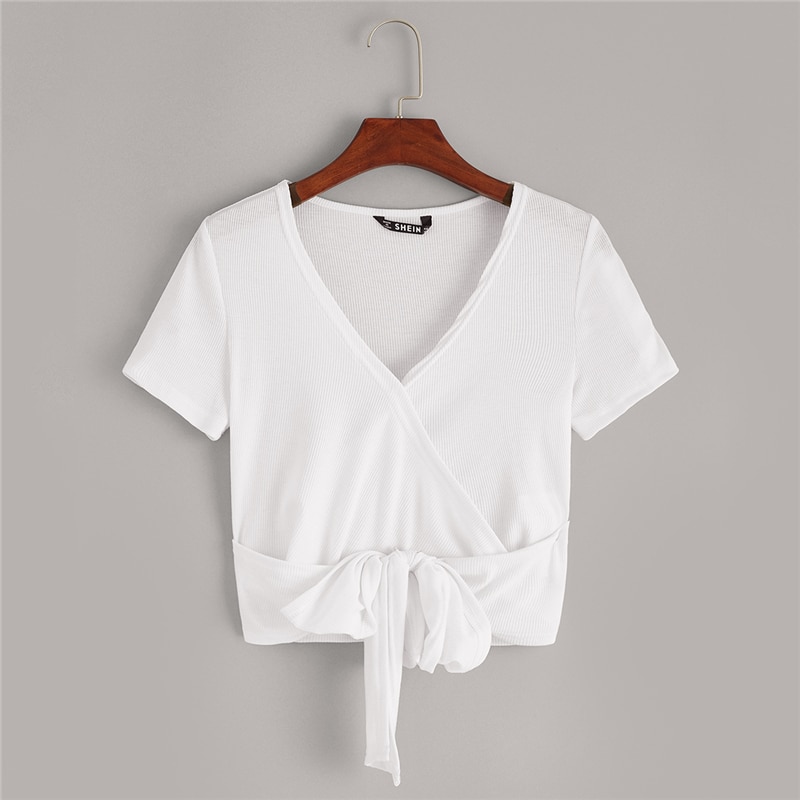 Sexy White Deep V Neck Crop Wrap Belted Slim Fitted Solid T Shirt ...