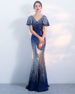Shiny Sequin Long V-Neck Backless Short Cap Sleeve Prom Party Gown