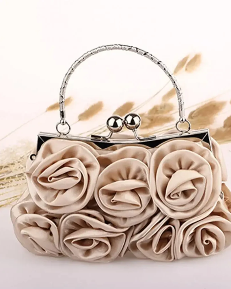 Silk Rose Flower Handbag Clutch Bag Metal Chain Purse Chic Tote Bag