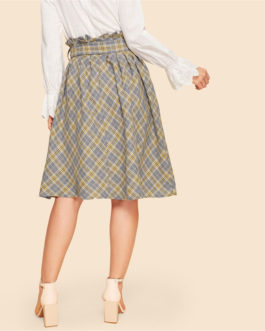 Vintage Paper-bag Waist Plaid Flare Belted Knee Length Skirt