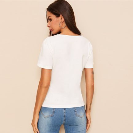 White Short Sleeve Cut Out Round Neck stretchy Tops - Power Day Sale