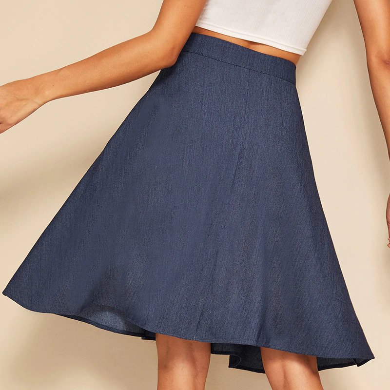 Women A Line Flared Skirts Navy Solid Mid Waist Midi Skirts - Power Day