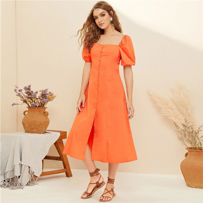 Women Boho Cute Square Neck Solid Puff Sleeve Midi Long Dress - Power ...