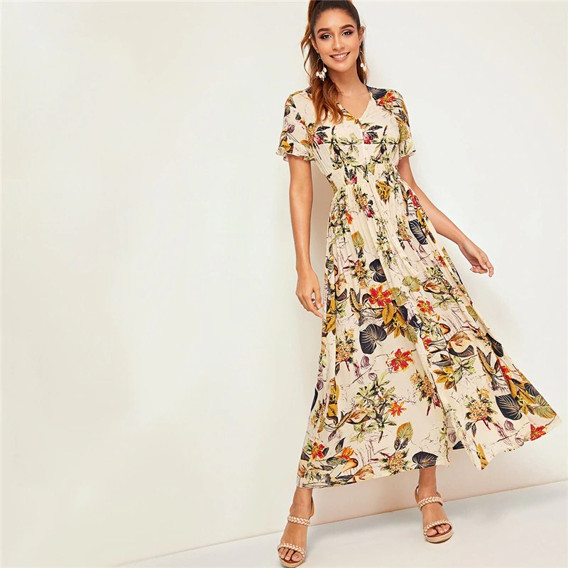 Women Botanical Print Button Front Ruffle Tie Front V Neck Boho Dress ...