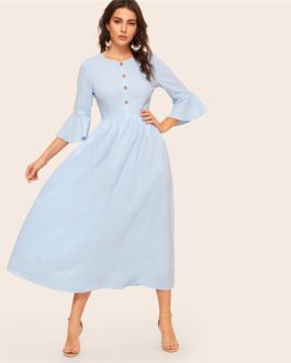 Women Button Front Flounce Sleeve Elegant Fit and Flare Long Dress