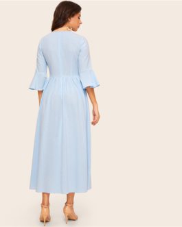 Women Button Front Flounce Sleeve Elegant Fit and Flare Long Dress