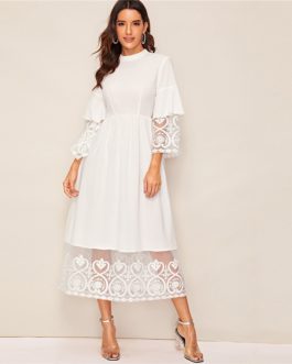 Women Elegant Mock-Neck Embroidery Fit and Flare Long Dress