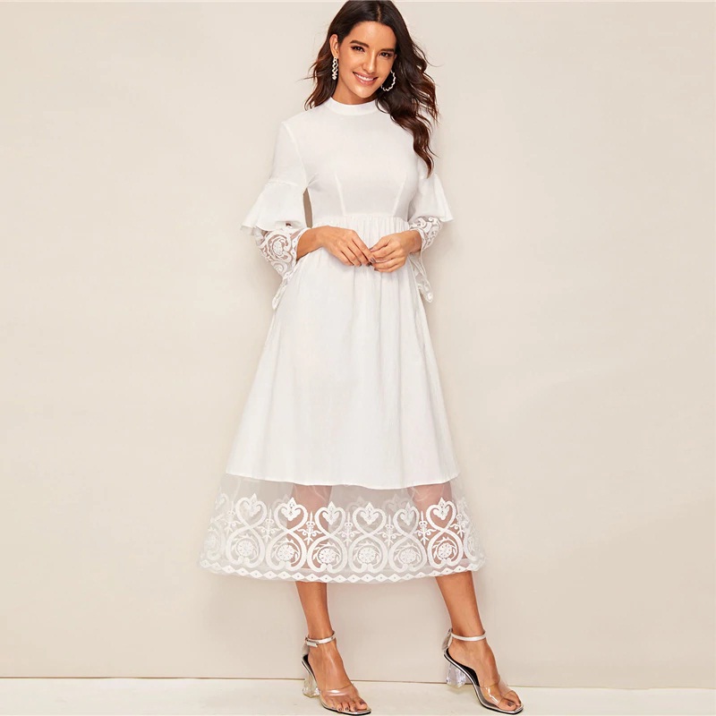 Women Elegant Mock-Neck Embroidery Fit and Flare Long Dress - Power Day ...