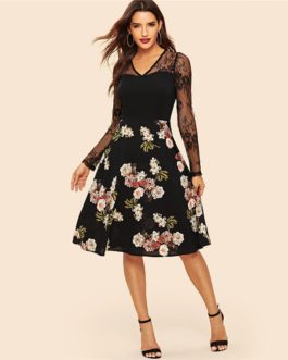 Women Floral Lace Panel Fit And Flare Elegant Vintage Party Dress