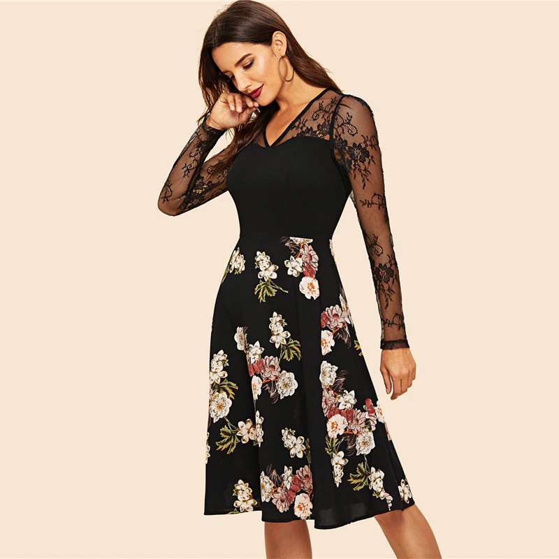 Women Floral Lace Panel Fit And Flare Elegant Vintage Party Dress ...