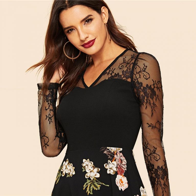 Women Floral Lace Panel Fit And Flare Elegant Vintage Party Dress ...