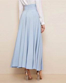Women High Waist Elegant Blue Solid Zipper Belt A Line Skirt