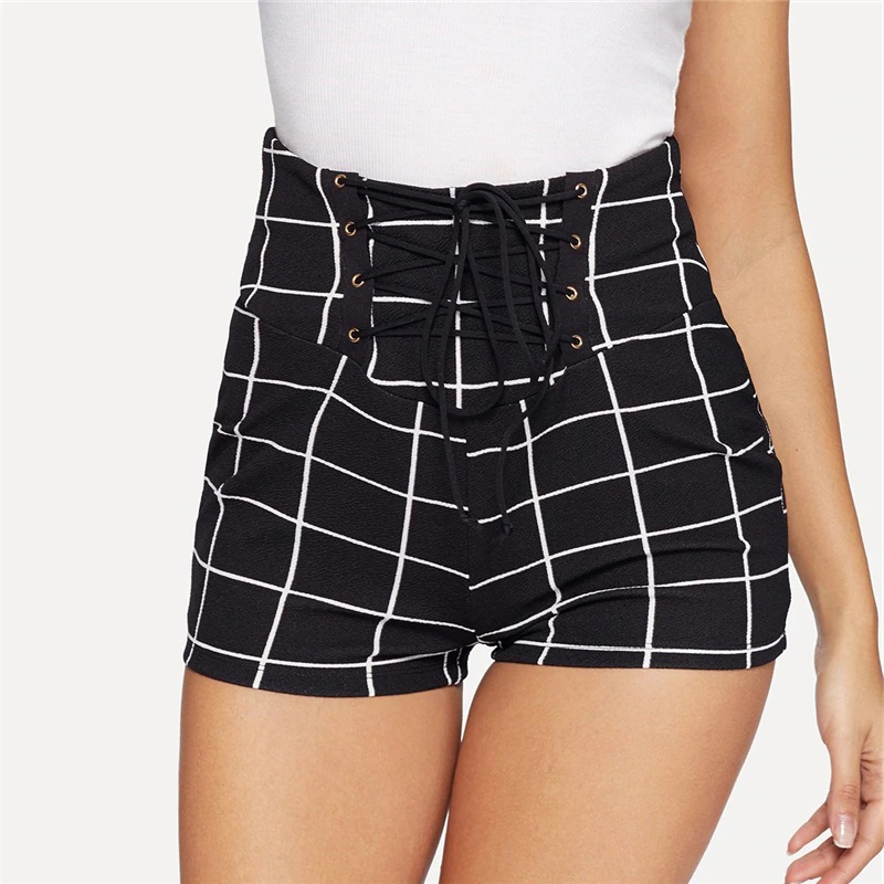 Women Lace Up Front Plaid Skinny Sexy And Club Shorts Power Day Sale