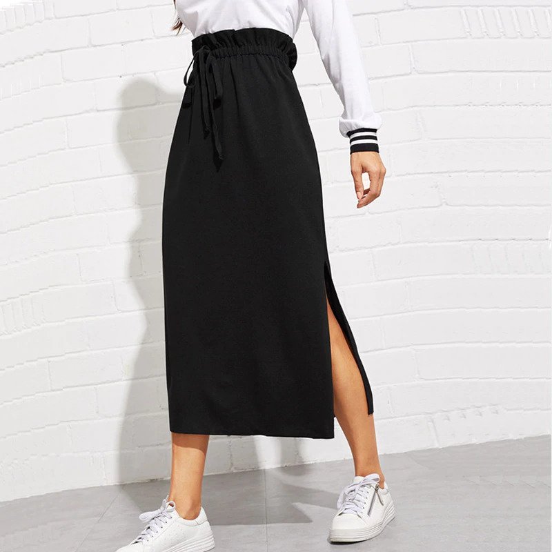 Women Maxi Skirt High Waist Belted Split Hem Midi Skirt - Power Day Sale