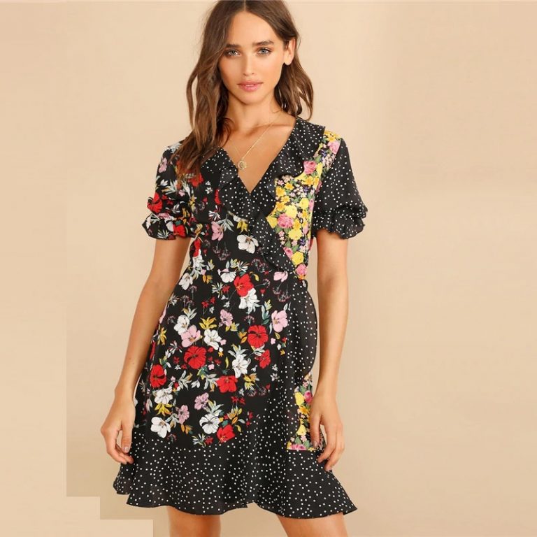 Women Polka Dot And Floral Wrap Flounce Sleeve Short Dress - Power Day Sale