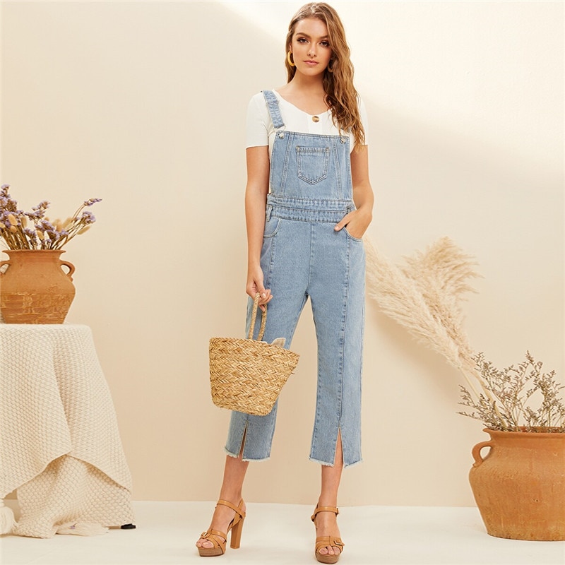 Women Preppy Straps Sleeveless Pocket Front Pants Casual Trousers ...