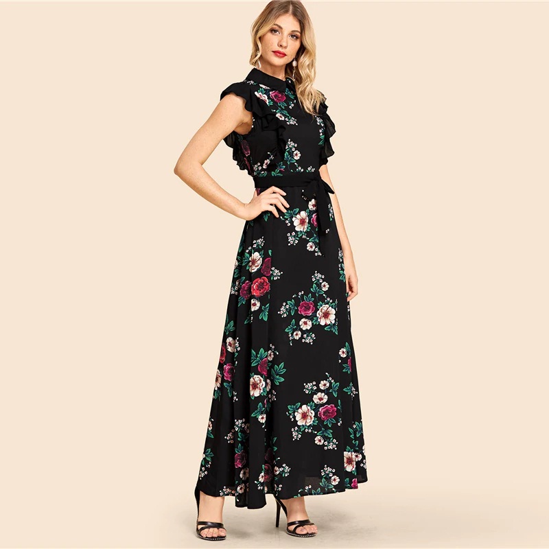Women Self Belted Flower Print Beach Fit and Flare Maxi Dress - Power ...
