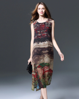 Women’s fat mm hand-painted landscape painting chiffon Plus size Dress