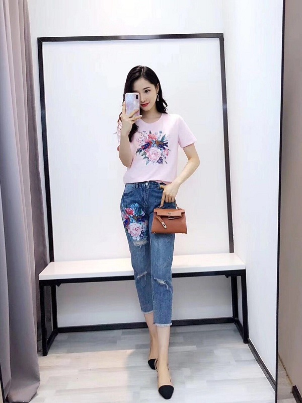 women beading flower Tshirts jeans Pants casual clothing 2 piece set ...