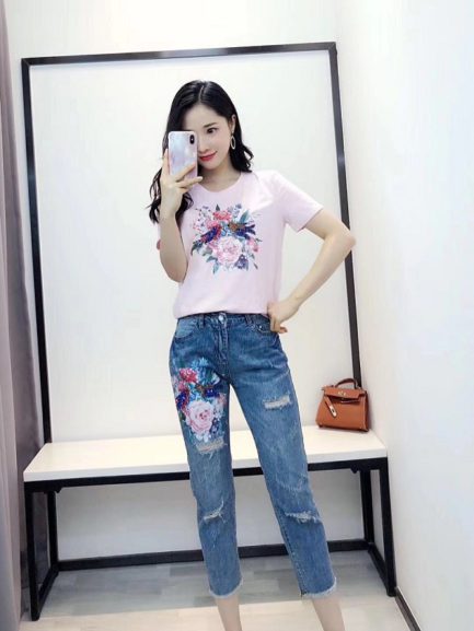 women beading flower Tshirts jeans Pants casual clothing 2 piece set ...