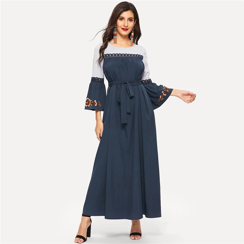 Abaya Navy Floral Flare Sleeve Lace Applique Belted Maxi Dress - Power ...