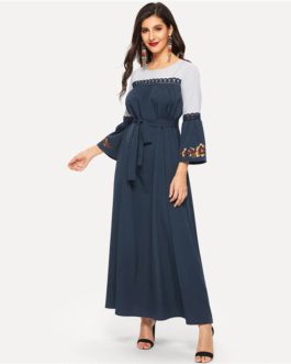 Abaya Navy Floral Flare Sleeve Lace Applique Belted Maxi Dress