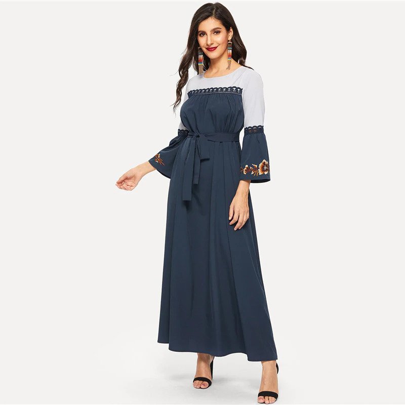 Abaya Navy Floral Flare Sleeve Lace Applique Belted Maxi Dress - Power ...