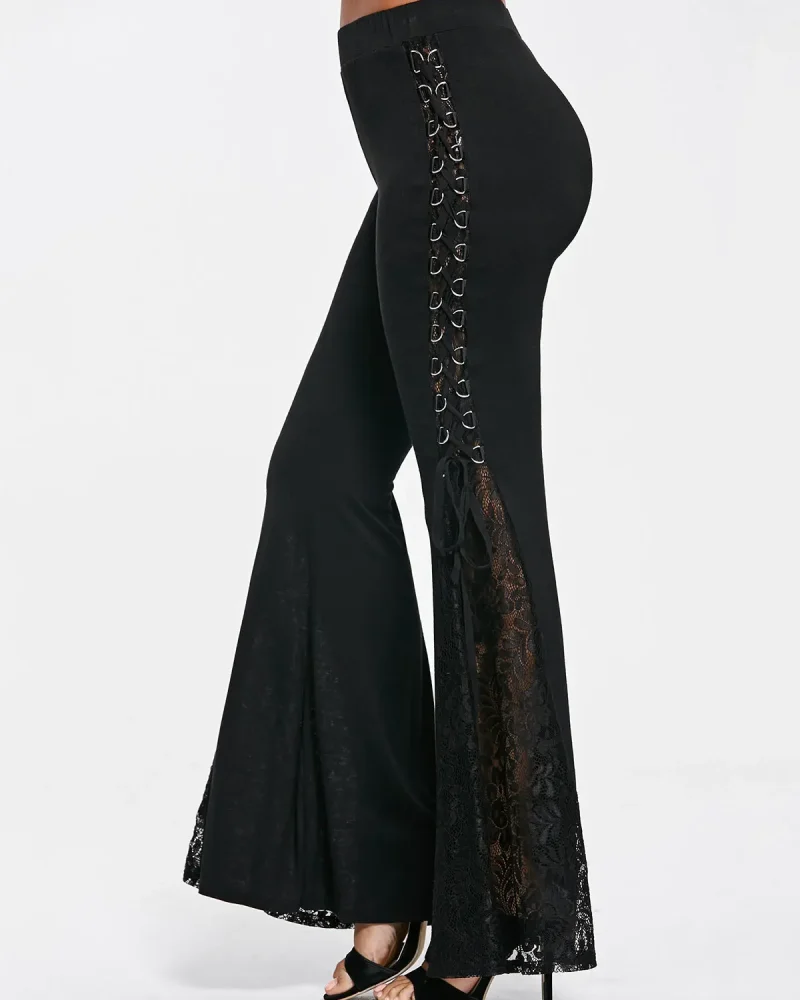 Bandage Side See Through Casual Bell Bottoms Gothic Flare Pants Lace Up Trousers