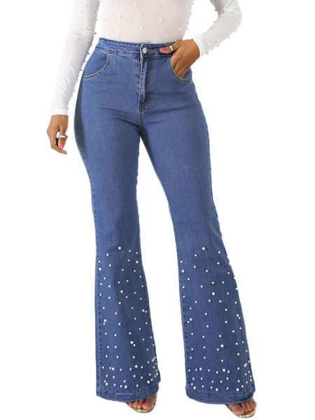 Bell Bottom High Waisted Rhinestones Flared Leg Jeans - Power Day Sale