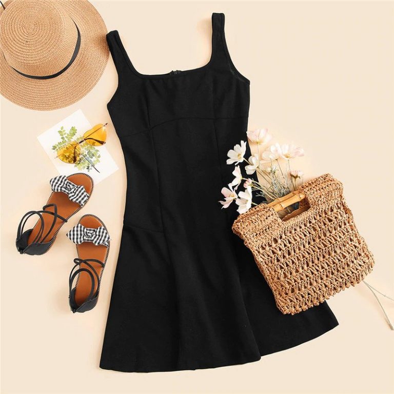 Black Fit And Flare Solid Dress Elegant Straps Sleeveless Plain A Line