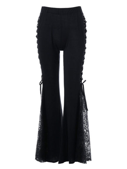 Black Flared Pants Lace Up Bell Bottom Trousers - Power Day Sale