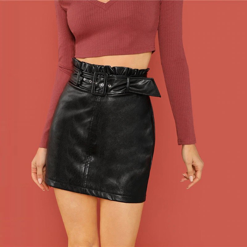 Black Self Adjustable Belted PU Skirt - Power Day Sale