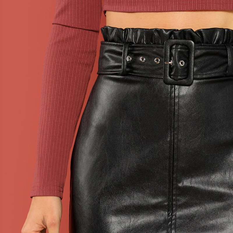Black Self Adjustable Belted PU Skirt - Power Day Sale