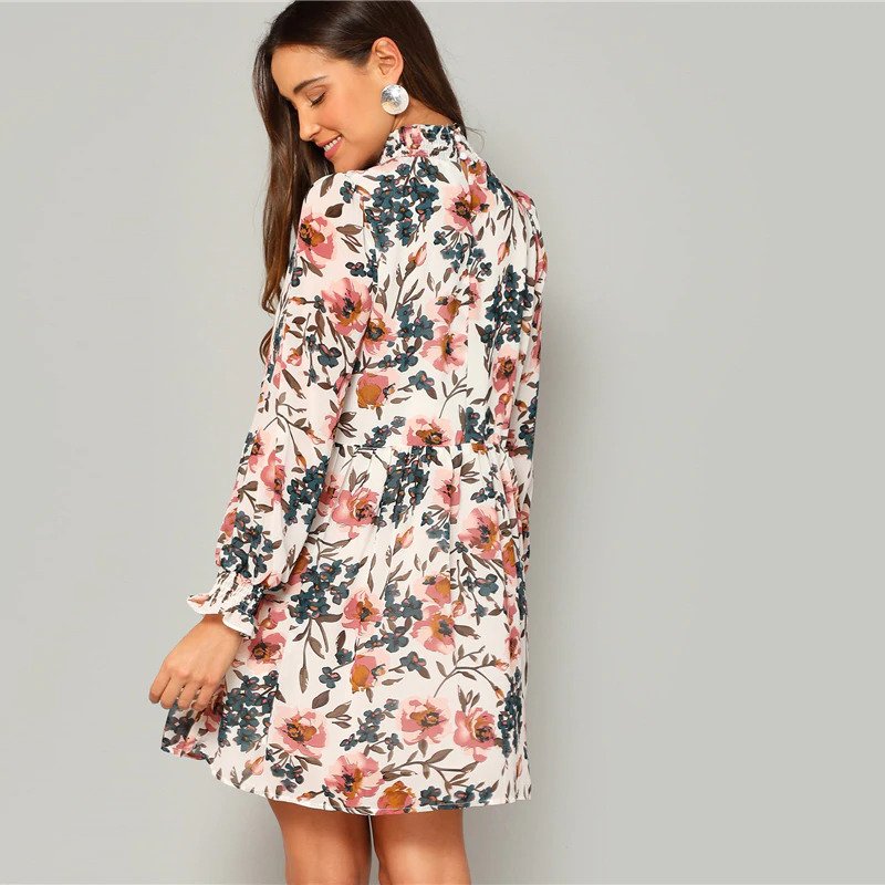 Bohemian Multicolor Frilled Neck and Cuff Floral Print Smock Flared ...