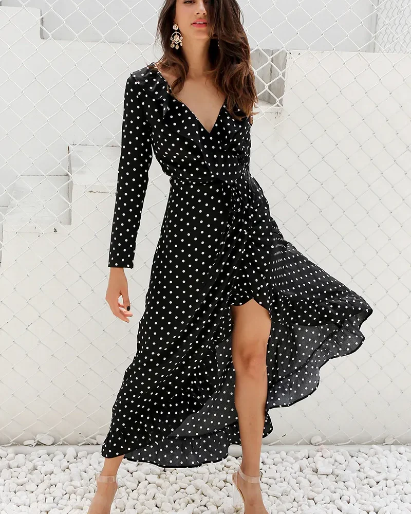 Casual V-neck Long Sleeve Polka Dot Irregular Ruffled Elegant Dresses