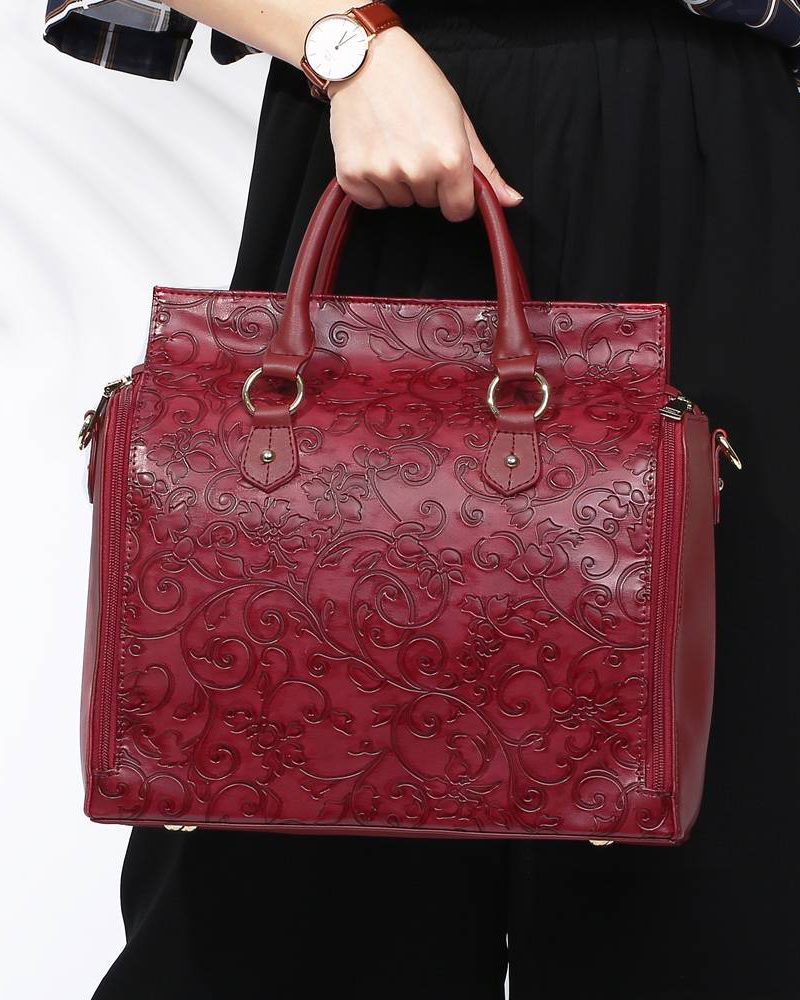 Embossed Flower Handbags Vintage Capacity Bohemian Faux Leather Shoulder Bags