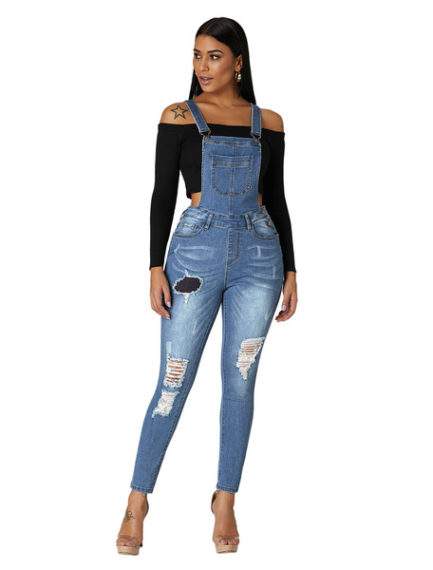 Denim Overall Pants Ripped Jeans Pinafore Trousers - Power Day Sale