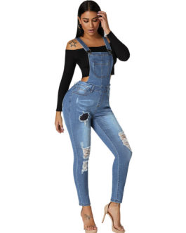 Denim Overall Pants Ripped Jeans Pinafore Trousers