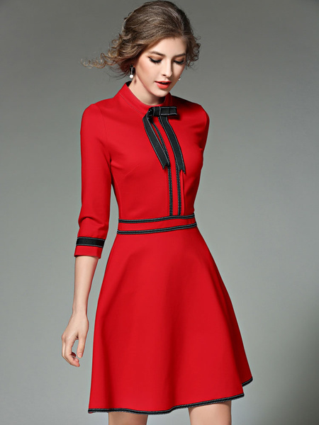 Embellished Collar Half Sleeve Slim Fit Flare Dress With Bow - Power ...