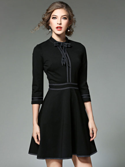Embellished Collar Half Sleeve Slim Fit Flare Dress With Bow - Power ...