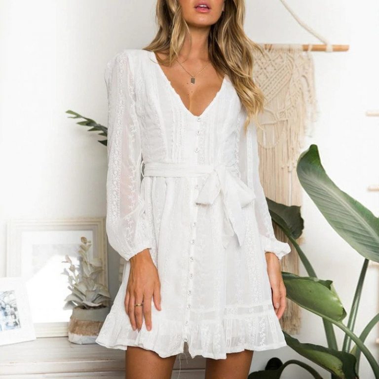 Embroidery Button Bow Long Sleeve Vintage Dress - Power Day Sale