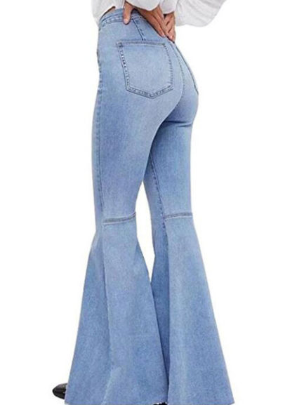 Flared Leg Jeans Buttons Denim Pants For Women - Power Day Sale
