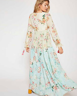 Floral Long Sleeve Pleated Chiffon Maxi Dress