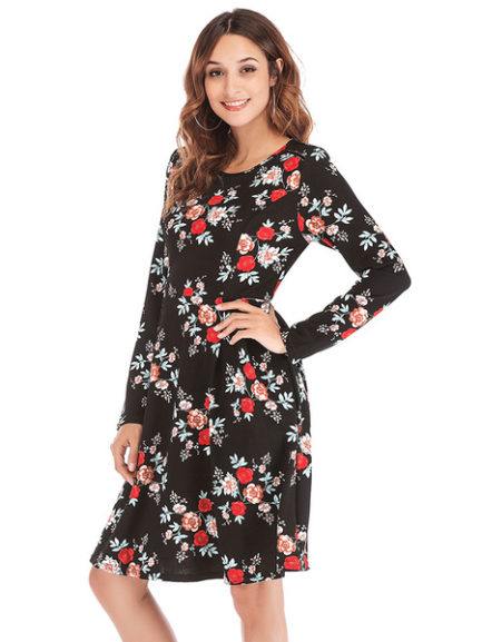 Floral Long Sleeve Shift Dress For Women - Power Day Sale