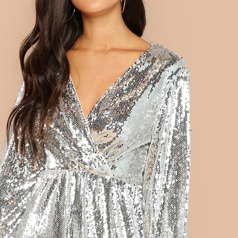 Going Out Silver Bishop Sleeve Wrap Front Sequin V Neck Long Sleeve ...
