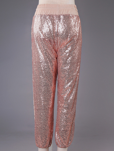 Gold Sequin Pants Drawstring Elastic Waist Cropped Joggers - Power Day Sale