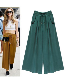 Green Lace Up Acetate Pleated Pants for Women