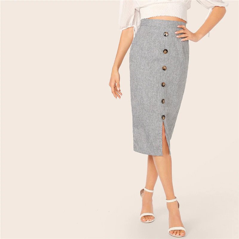 Grey Button Front Slit Bodycon Pencil Long Skirt - Power Day Sale